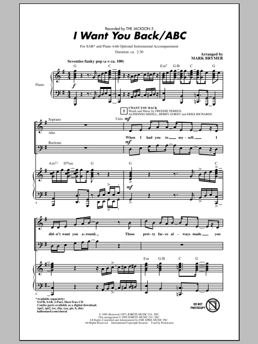 Mark Brymer I Want You Back / ABC Sheet Music Notes & Chords for SAB - Download or Print PDF