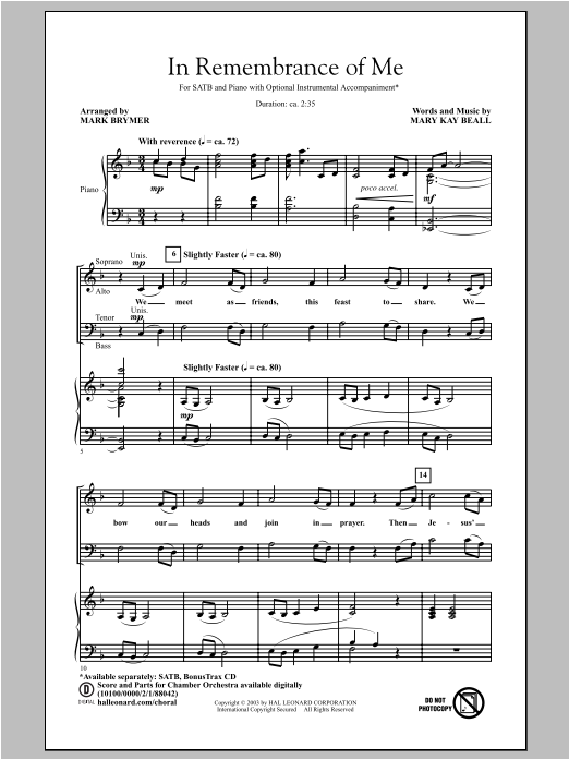 Mark Brymer In Remembrance Of Me Sheet Music Notes & Chords for SATB - Download or Print PDF