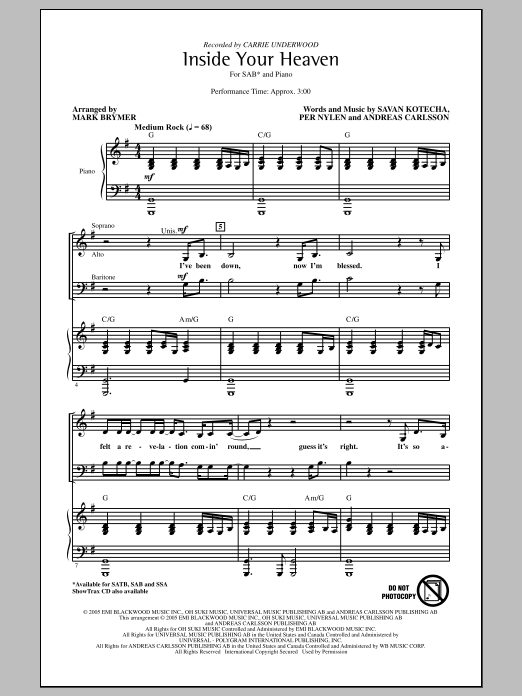 Carrie Underwood Inside Your Heaven (arr. Mark Brymer) Sheet Music Notes & Chords for SSA - Download or Print PDF