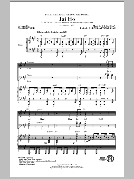 Mark Brymer Jai Ho (from The Motion Picture Slumdog Millionaire) Sheet Music Notes & Chords for SATB - Download or Print PDF