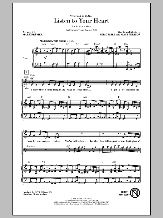 Roxette Listen To Your Heart (arr. Mark Brymer) Sheet Music Notes & Chords for SAB - Download or Print PDF Roxette Listen To Your Heart (arr. Mark Brymer) Sheet Music Notes & Chords for SAB - Download or Print PDF