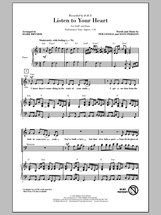 Roxette Listen To Your Heart (arr. Mark Brymer) Sheet Music Notes & Chords for SAB - Download or Print PDF