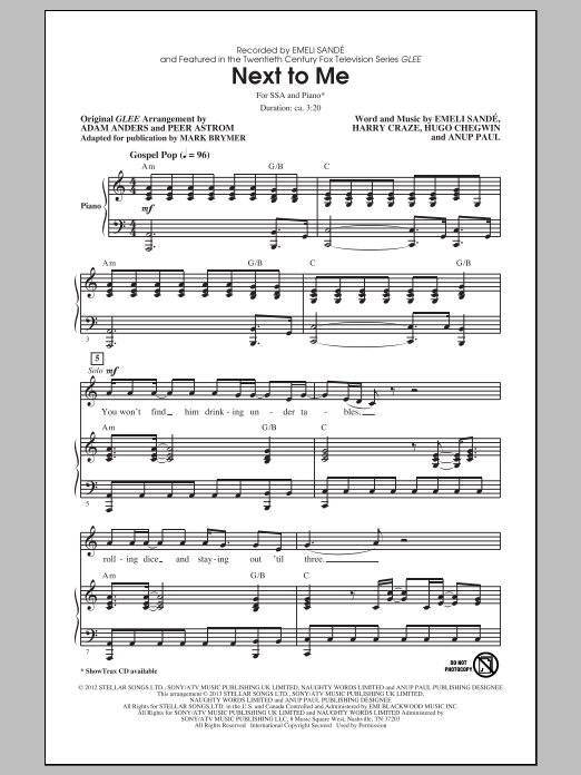 Emeli Sandé Next To Me (arr. Mark Brymer) Sheet Music Notes & Chords for SSA - Download or Print PDF