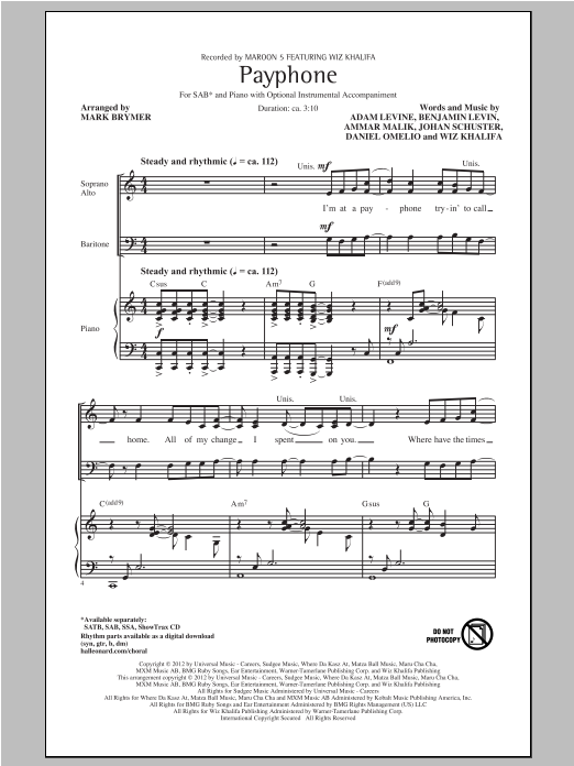 Maroon 5 Payphone (arr. Mark Brymer) Sheet Music Notes & Chords for SAB - Download or Print PDF