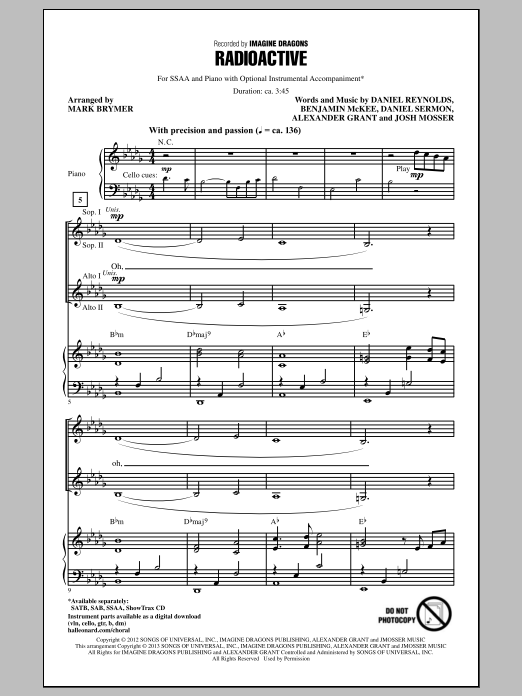 Imagine Dragons Radioactive (arr. Mark Brymer) Sheet Music Notes & Chords for SSA - Download or Print PDF
