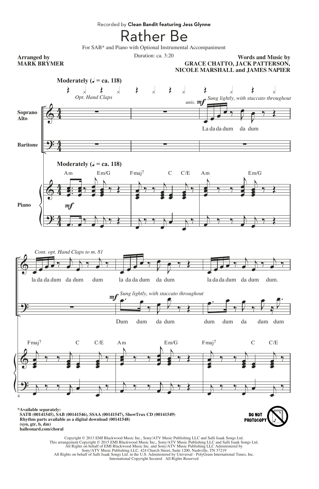 Clean Bandit Rather Be (arr. Mark Brymer) Sheet Music Notes & Chords for SAB - Download or Print PDF