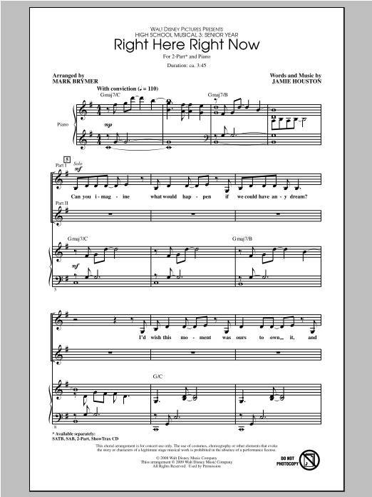Jamie Houston Right Here Right Now (from High School Musical 3) (arr. Mark Brymer) Sheet Music Notes & Chords for 2-Part Choir - Download or Print PDF