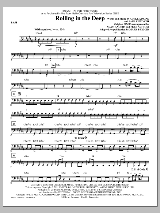 Mark Brymer Rolling In The Deep - Bass Sheet Music Notes & Chords for Choir Instrumental Pak - Download or Print PDF