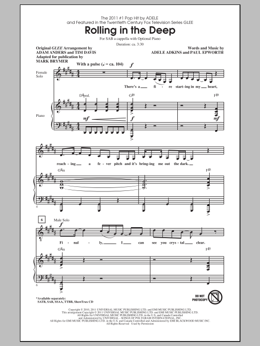 Adele Rolling In The Deep (arr. Mark Brymer) Sheet Music Notes & Chords for TTBB - Download or Print PDF