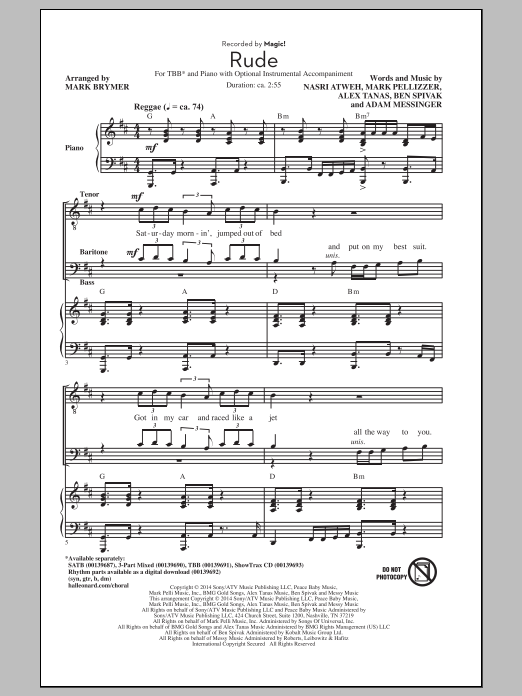 MAGIC! Rude (arr. Mark Brymer) Sheet Music Notes & Chords for 3-Part Mixed - Download or Print PDF