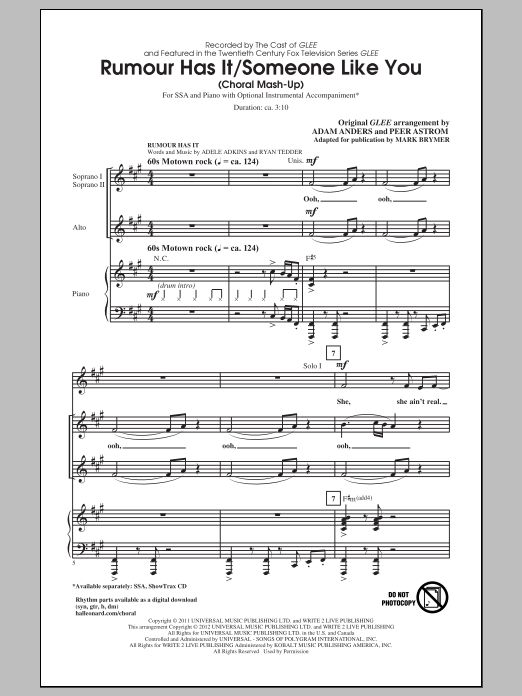 Adele Rumour Has It / Someone Like You (arr. Mark Brymer) Sheet Music Notes & Chords for SSA - Download or Print PDF