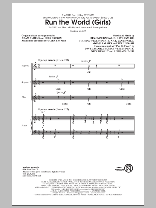 Mark Brymer Run The World (Girls) Sheet Music Notes & Chords for SSA - Download or Print PDF