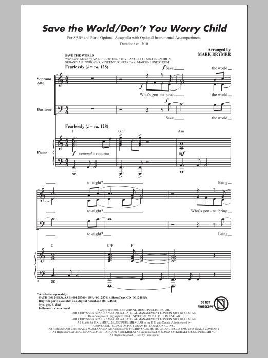 Swedish House Mafia Save The World/Don't You Worry Child (arr. Mark Brymer) Sheet Music Notes & Chords for SAB - Download or Print PDF