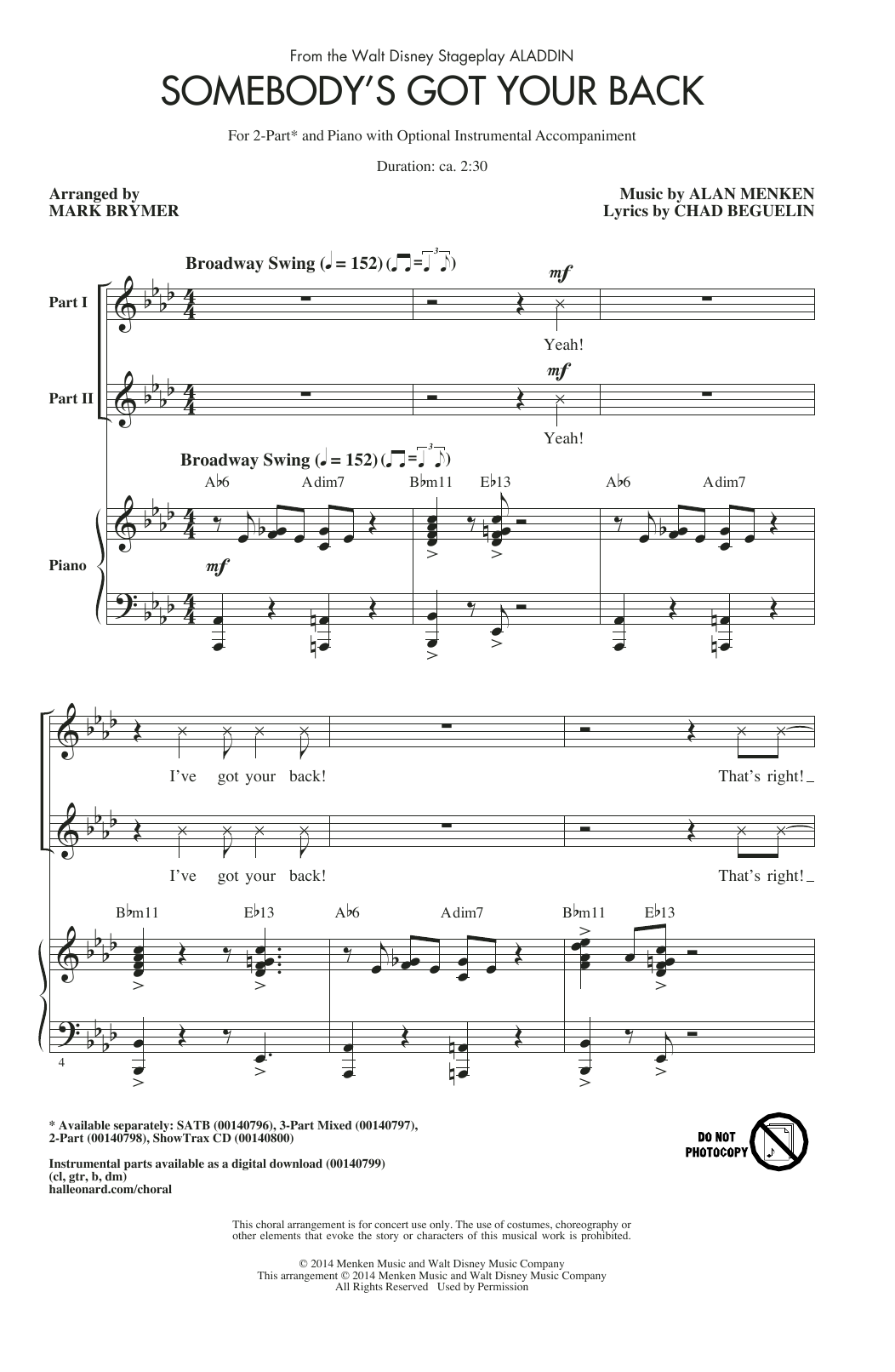 Alan Menken Somebody's Got Your Back (arr. Mark Brymer) Sheet Music Notes & Chords for 2-Part Choir - Download or Print PDF