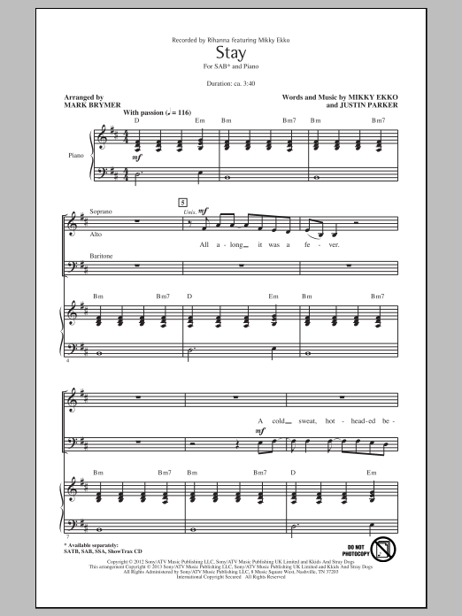 Rihanna Stay (arr. Mark Brymer) Sheet Music Notes & Chords for SAB - Download or Print PDF