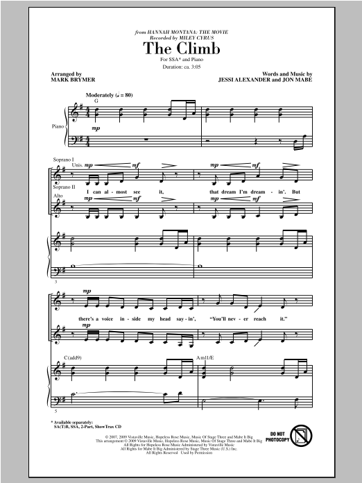 Miley Cyrus The Climb (arr. Mark Brymer) Sheet Music Notes & Chords for SSA - Download or Print PDF