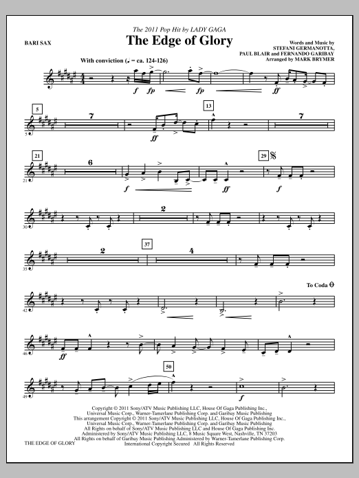 Mark Brymer The Edge Of Glory - Baritone Saxophone Sheet Music Notes & Chords for Choir Instrumental Pak - Download or Print PDF