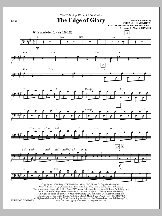 Mark Brymer The Edge Of Glory - Bass Sheet Music Notes & Chords for Choir Instrumental Pak - Download or Print PDF