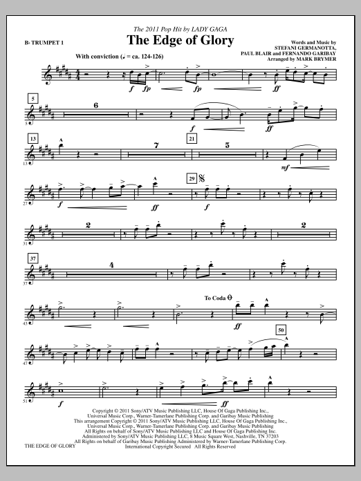 Mark Brymer The Edge Of Glory - Bb Trumpet 1 Sheet Music Notes & Chords for Choir Instrumental Pak - Download or Print PDF