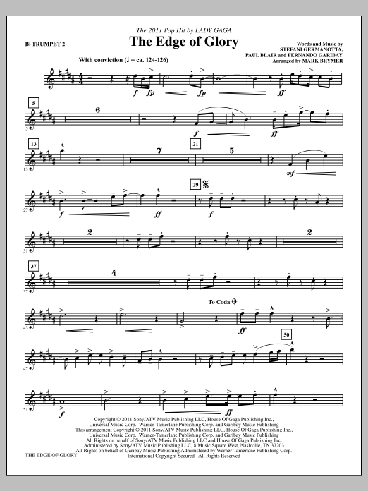 Mark Brymer The Edge Of Glory - Bb Trumpet 2 Sheet Music Notes & Chords for Choir Instrumental Pak - Download or Print PDF