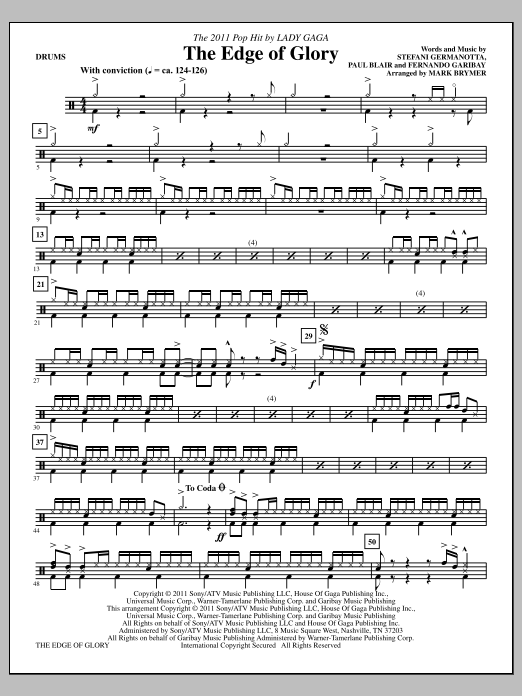 Mark Brymer The Edge Of Glory - Drums Sheet Music Notes & Chords for Choir Instrumental Pak - Download or Print PDF