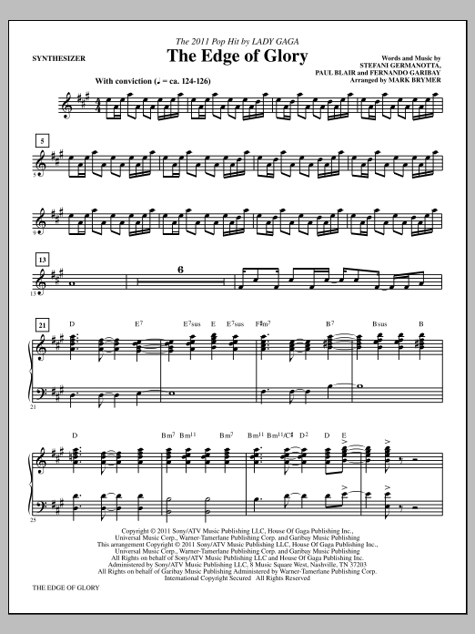 Mark Brymer The Edge Of Glory - Synthesizer Sheet Music Notes & Chords for Choir Instrumental Pak - Download or Print PDF