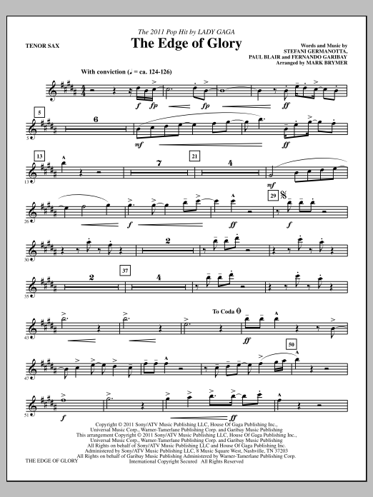 Mark Brymer The Edge Of Glory - Tenor Saxophone Sheet Music Notes & Chords for Choir Instrumental Pak - Download or Print PDF