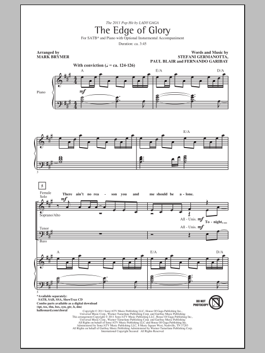 Lady Gaga The Edge Of Glory (arr. Mark Brymer) Sheet Music Notes & Chords for SAB - Download or Print PDF