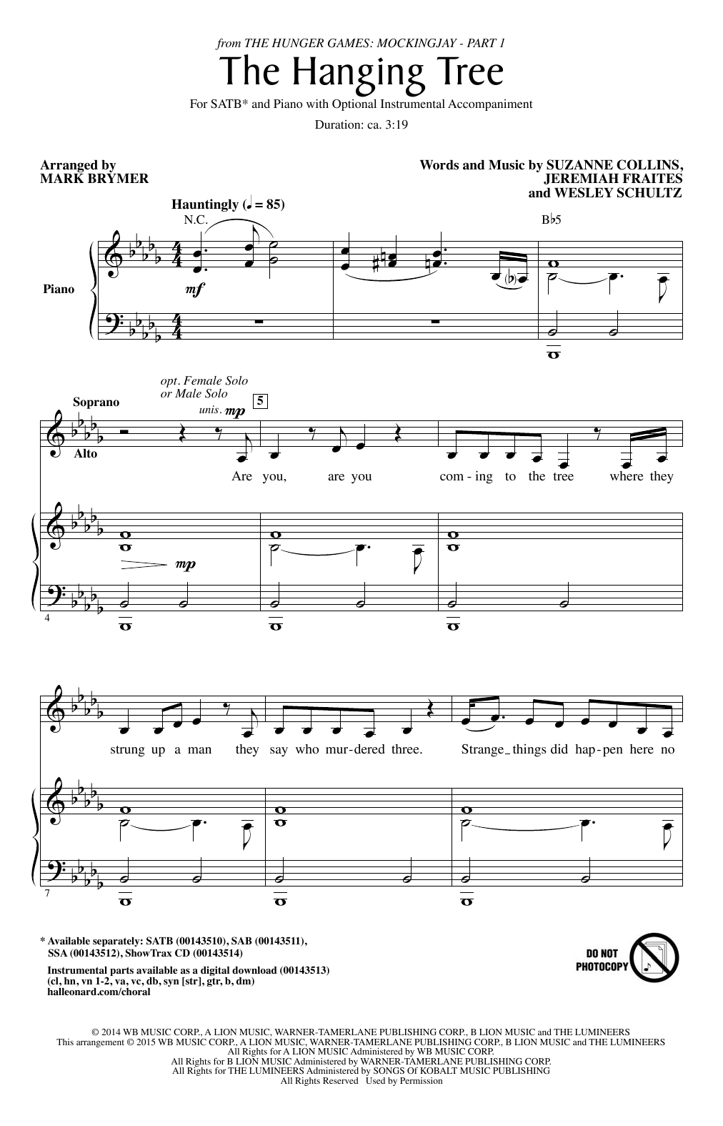 James Newton Howard The Hanging Tree (arr. Mark Brymer) Sheet Music Notes & Chords for SATB - Download or Print PDF