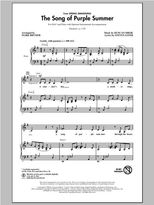 Mark Brymer The Song Of Purple Summer Sheet Music Notes & Chords for SSA - Download or Print PDF