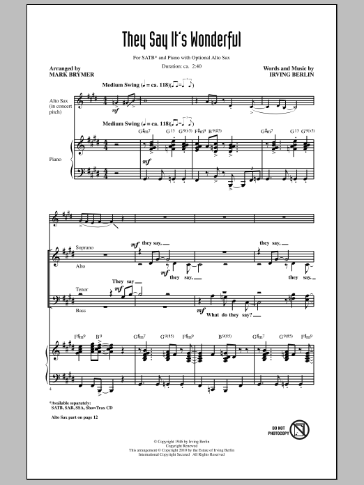 Mark Brymer They Say It's Wonderful Sheet Music Notes & Chords for SAB - Download or Print PDF