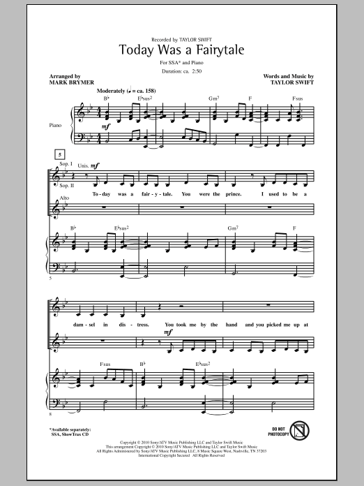Mark Brymer Today Was A Fairytale Sheet Music Notes & Chords for SSA - Download or Print PDF