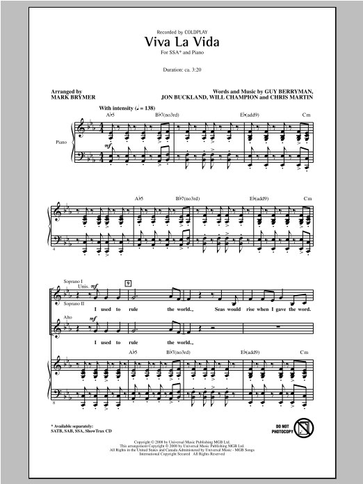 Coldplay Viva La Vida (arr. Mark Brymer) Sheet Music Notes & Chords for SSA - Download or Print PDF