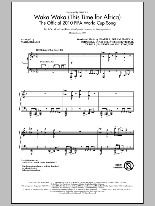 Mark Brymer Waka Waka (This Time For Africa) - The Official 2010 FIFA World Cup Song Sheet Music Notes & Chords for SATB - Download or Print PDF