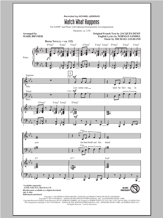 Michel Legrand Watch What Happens (arr. Mark Brymer) Sheet Music Notes & Chords for SATB - Download or Print PDF