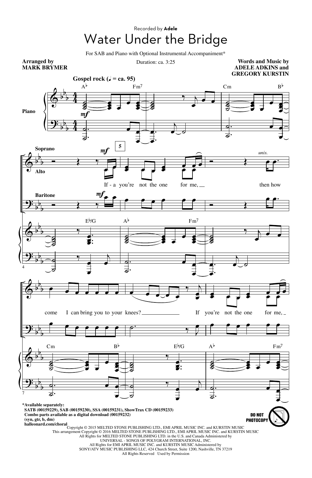 Adele Water Under The Bridge (arr. Mark Brymer) Sheet Music Notes & Chords for SAB - Download or Print PDF