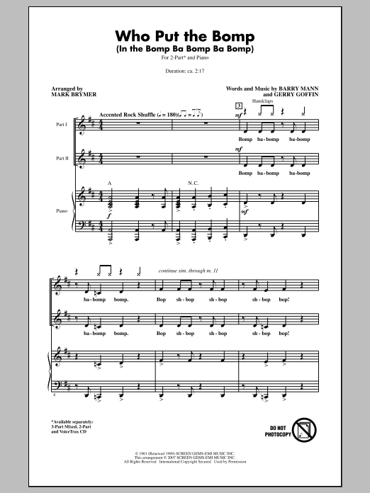 Mark Brymer Who Put The Bomp (In The Bomp Ba Bomp Ba Bomp) Sheet Music Notes & Chords for 2-Part Choir - Download or Print PDF