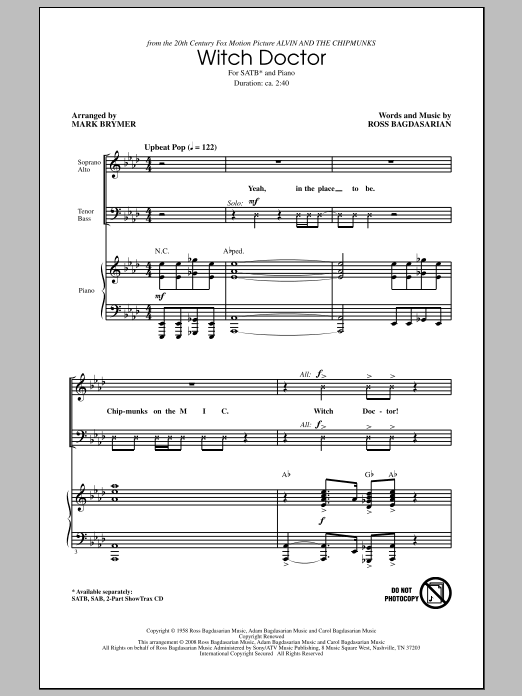Mark Brymer Witch Doctor (from Alvin And The Chipmunks) Sheet Music Notes & Chords for SATB - Download or Print PDF