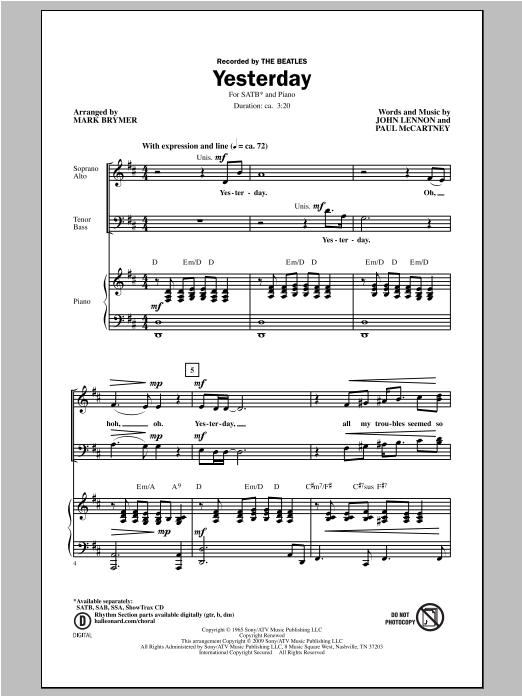 Mark Brymer Yesterday Sheet Music Notes & Chords for SSA - Download or Print PDF