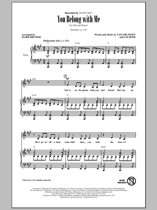 Mark Brymer You Belong With Me Sheet Music Notes & Chords for SSA - Download or Print PDF