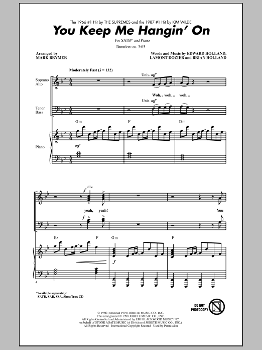 Mark Brymer You Keep Me Hangin' On Sheet Music Notes & Chords for SATB - Download or Print PDF