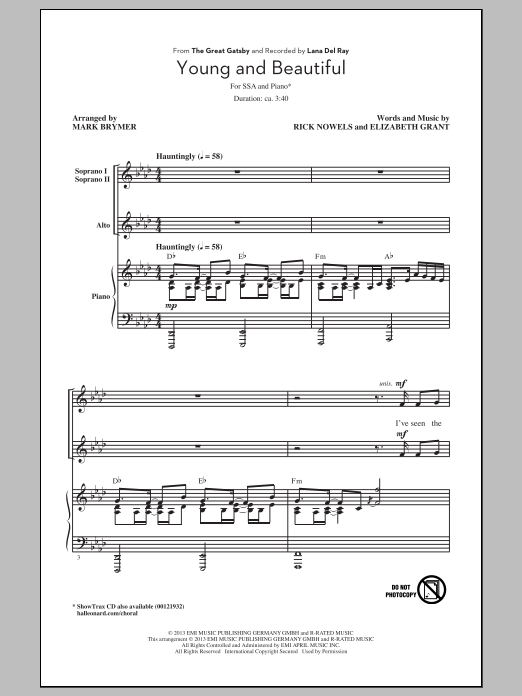 Lana Del Rey Young And Beautiful (arr. Mark Brymer) Sheet Music Notes & Chords for SSA - Download or Print PDF