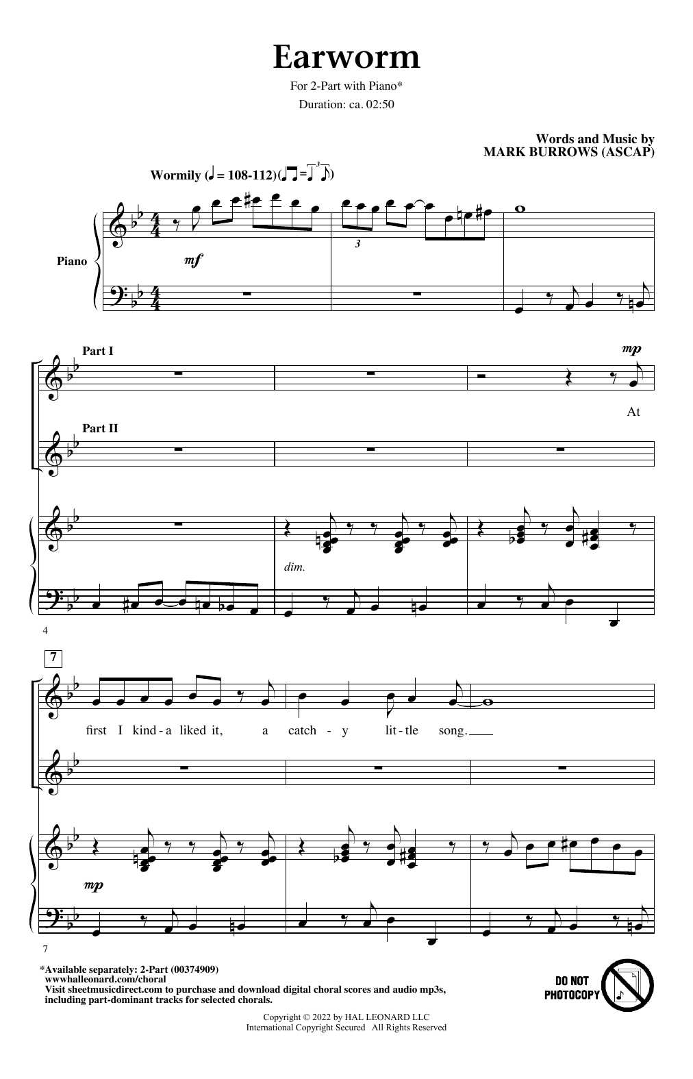 Mark Burrows Earworm Sheet Music Notes & Chords for 2-Part Choir - Download or Print PDF