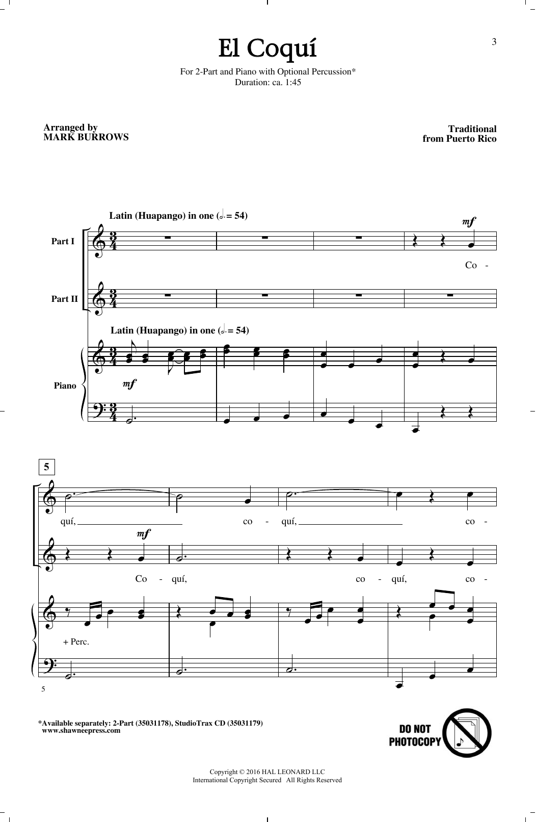 Mark Burrows El Coqui Sheet Music Notes & Chords for 2-Part Choir - Download or Print PDF