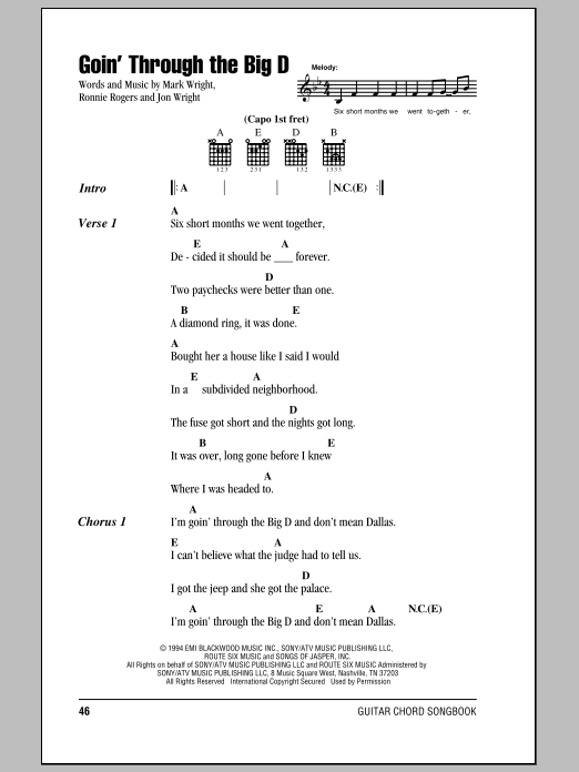 Mark Chesnutt Goin' Through The Big D Sheet Music Notes & Chords for Lyrics & Chords - Download or Print PDF