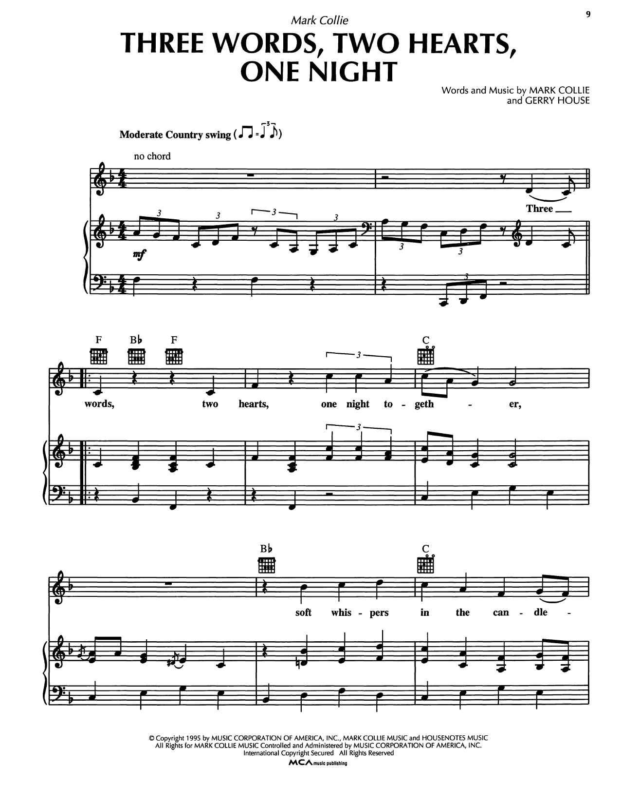 Mark Collie Three Words, Two Hearts, One Night Sheet Music Notes & Chords for Piano, Vocal & Guitar Chords (Right-Hand Melody) - Download or Print PDF Mark Collie Three Words, Two Hearts, One Night Sheet Music Notes & Chords for Piano, Vocal & Guitar Chords (Right-Hand Melody) - Download or Print PDF