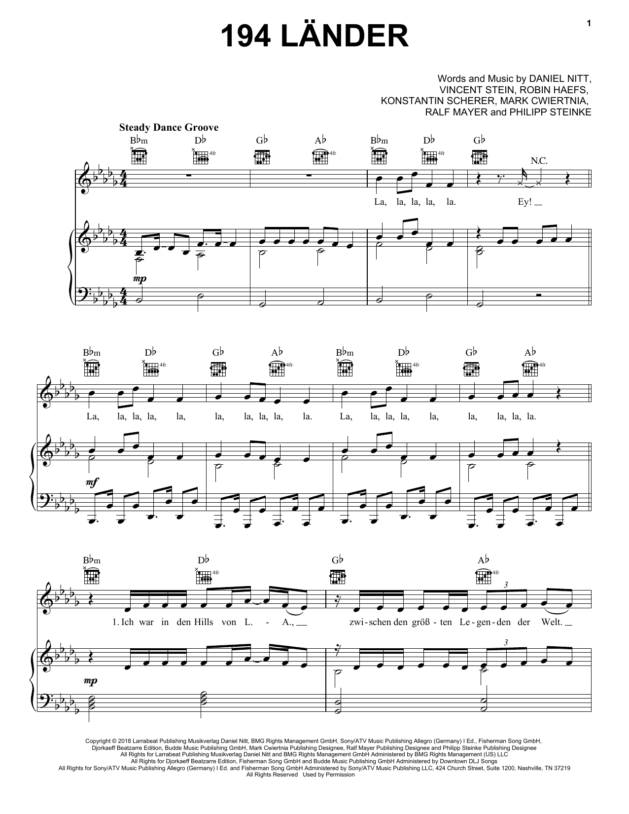 Mark Forster 194 Länder Sheet Music Notes & Chords for Piano, Vocal & Guitar (Right-Hand Melody) - Download or Print PDF