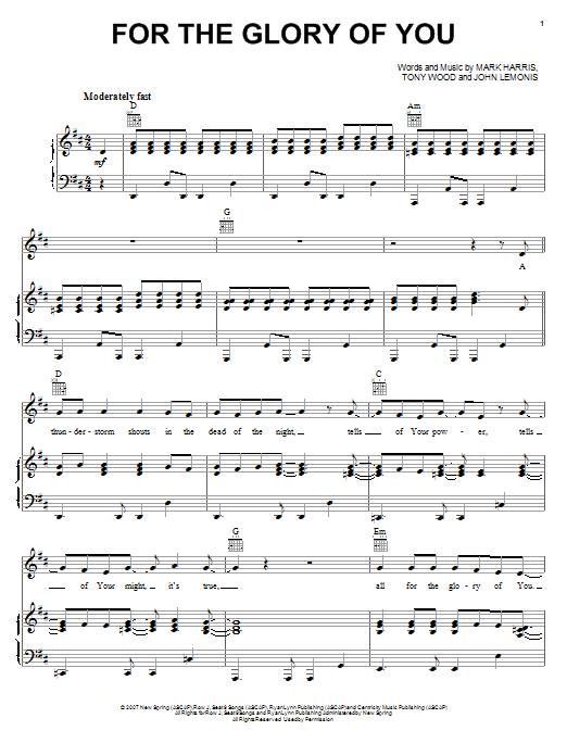Mark Harris For The Glory Of You Sheet Music Notes & Chords for Piano, Vocal & Guitar (Right-Hand Melody) - Download or Print PDF