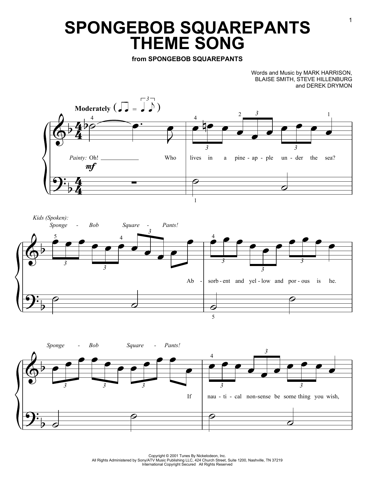Mark Harrison SpongeBob SquarePants Theme Song Sheet Music Notes & Chords for 5-Finger Piano - Download or Print PDF