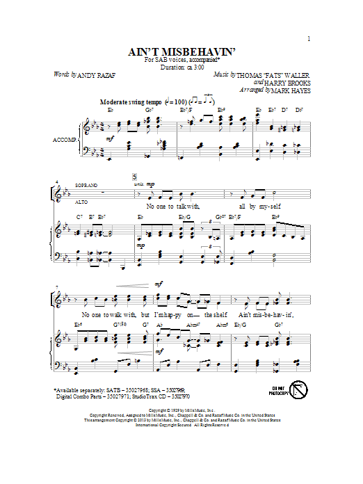 Fats Waller Ain't Misbehavin' (arr. Mark Hayes) Sheet Music Notes & Chords for SSA - Download or Print PDF